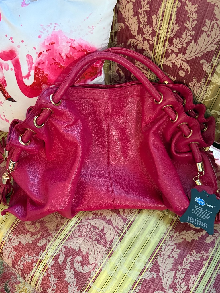 Ameri Leather Musette Large Leather Purse Handbag In Fushia Pink